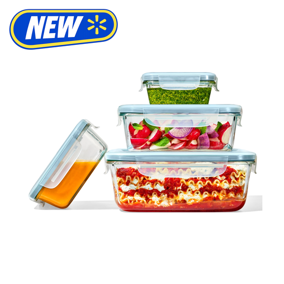 OXO Smart Seal 8-Piece Rectangle Glass Food Storage Container Set, Arctic Blue