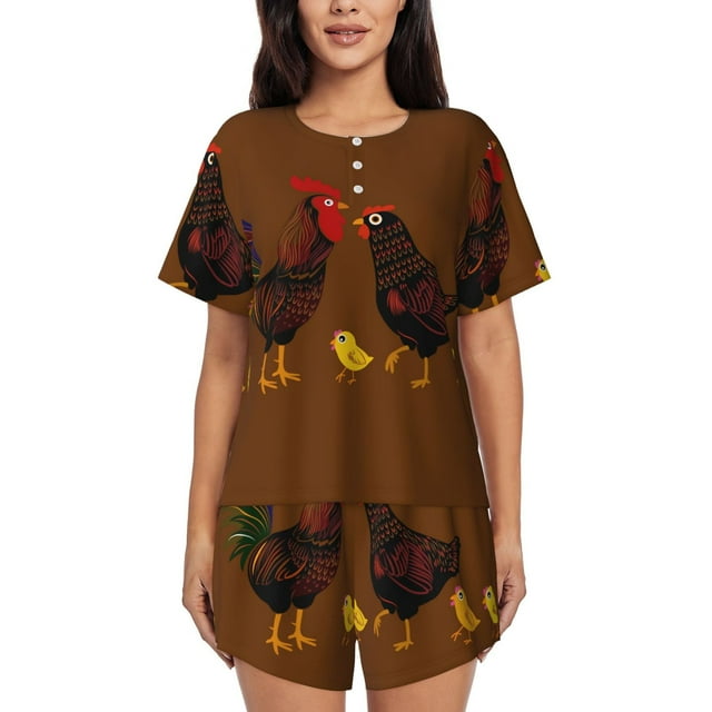 Balery Chicken Farm Animal Conjunto de Pijama para Mujer con Estampado, Dos Piezas de Manga Corta y Shorts, Ropa de Dormir Suave con Cuello Redondo y Bolsillos-4X-Large