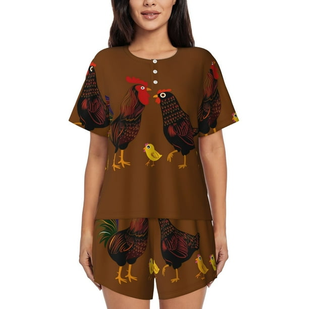 Fotbe Chicken Farm Animal Conjunto de Pijama Estampado para Mujer, 2 Piezas, Ropa de Dormir con Camiseta de Manga Corta y Shorts Suaves-3X-Large