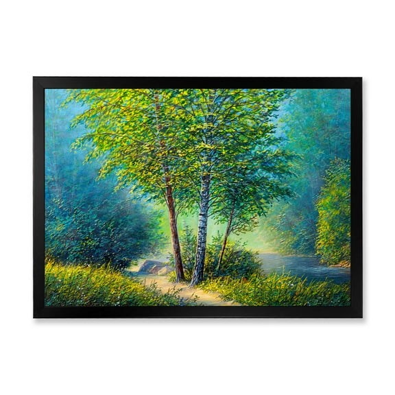 Designart 'Three Vibrant Green Trees By The River' Lake House Framed Art Print