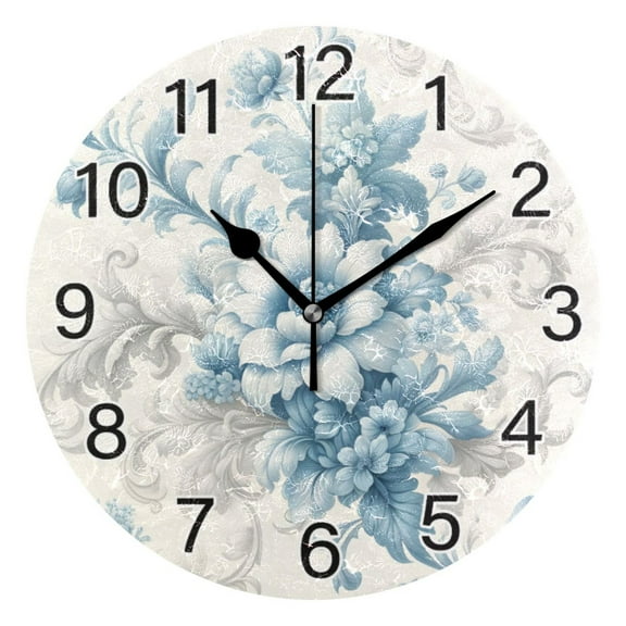 Ryvnso Flower Blue Wall Clock Non Ticking Silent Kitchen Clock Battery Operated Clocks 10 inch