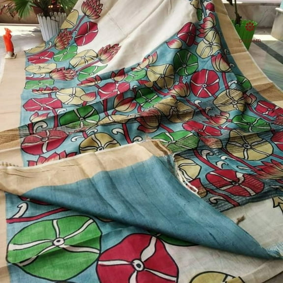 Pearl White Hand Painted Kalamkari Tussar Silk Saree