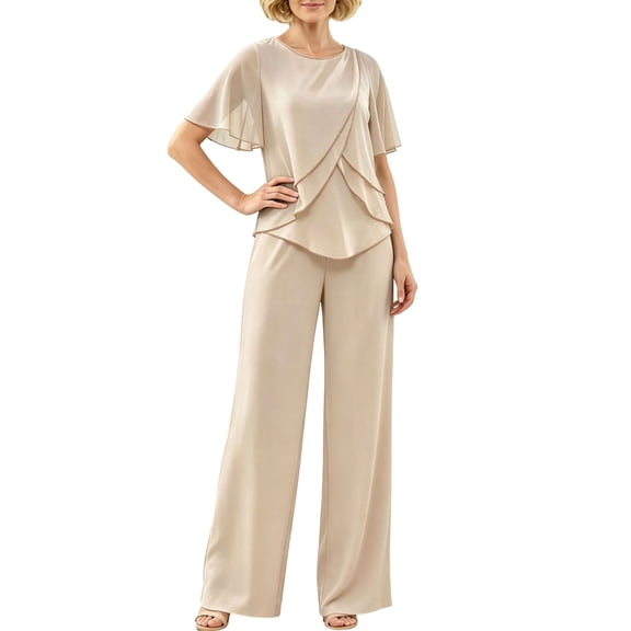Women's 2 Piece Outfits - Elegant Chiffon Patchwork Layered Blouse with Straight Leg Pants Dressy Business Casual Sets