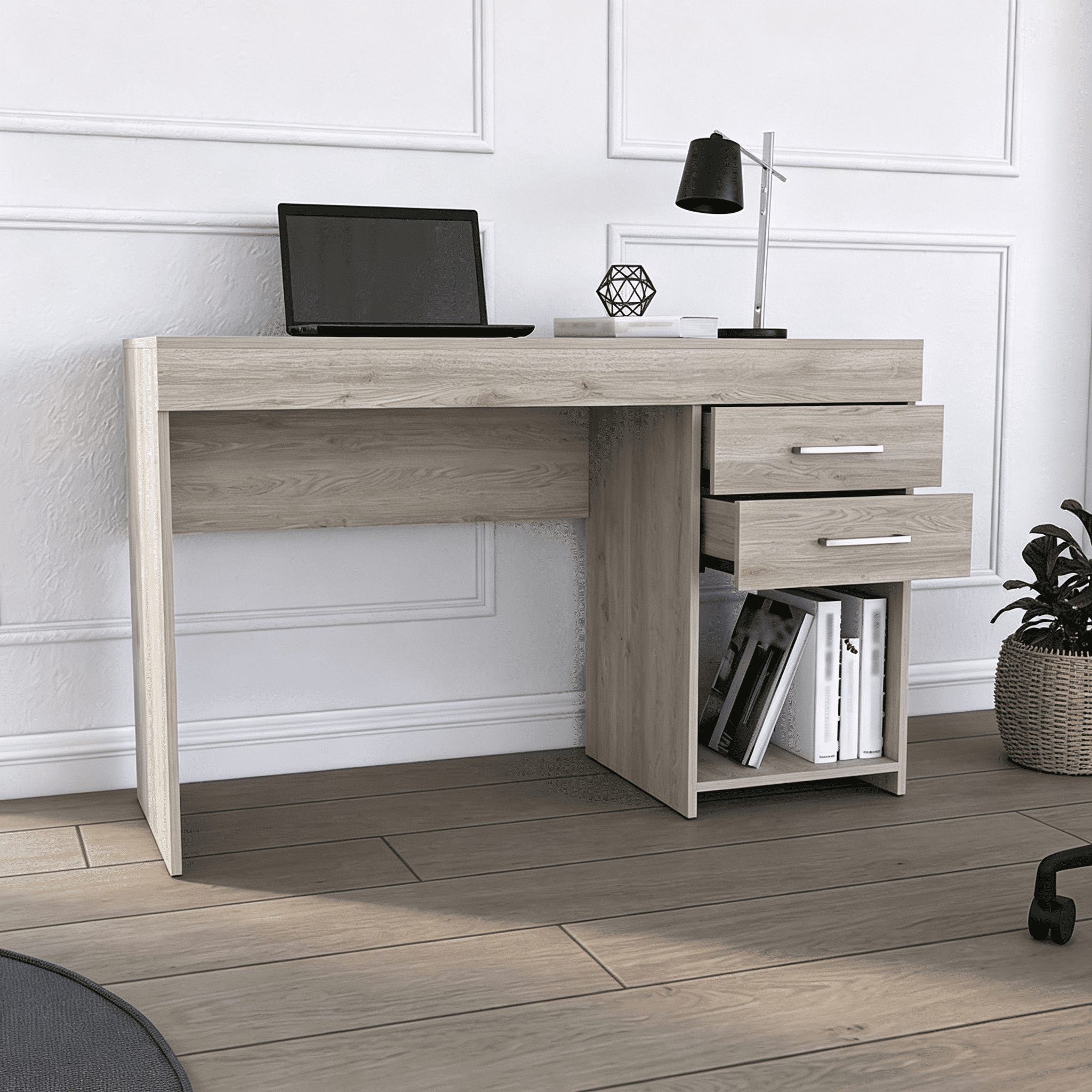 Astoutdoor Two Drawer Computer Desk with Lower Shelf, Light Gray