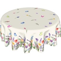 Spring Summer Floral Tablecloth Round 60 Inch,Colorful Wildflower Leaf Butterfly Polyester Circle Table Cloth Wrinkle Stain Resistant Washable Table Cover for Kitchen Dining Room Party Picnic