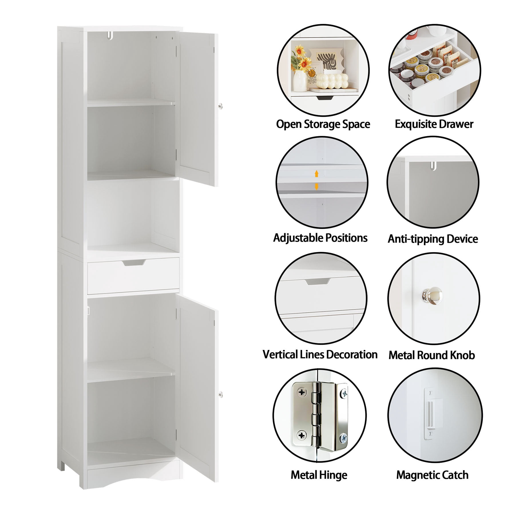 S-HOME 67 Inch Tall White Bathroom Cabinet with 2 Doors and 1 Drawer, Storage Organizer with Adjustable Shelves for Home Use