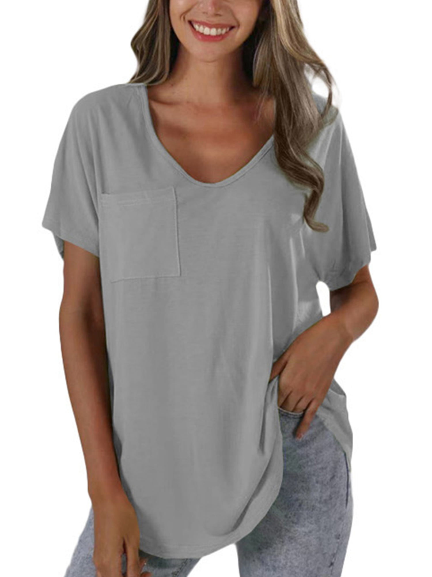 Womens T Shirts Short Sleeve V Neck Loose Casual Basic Tee Tops Summer T-Shirt Tunic Tops Blouse