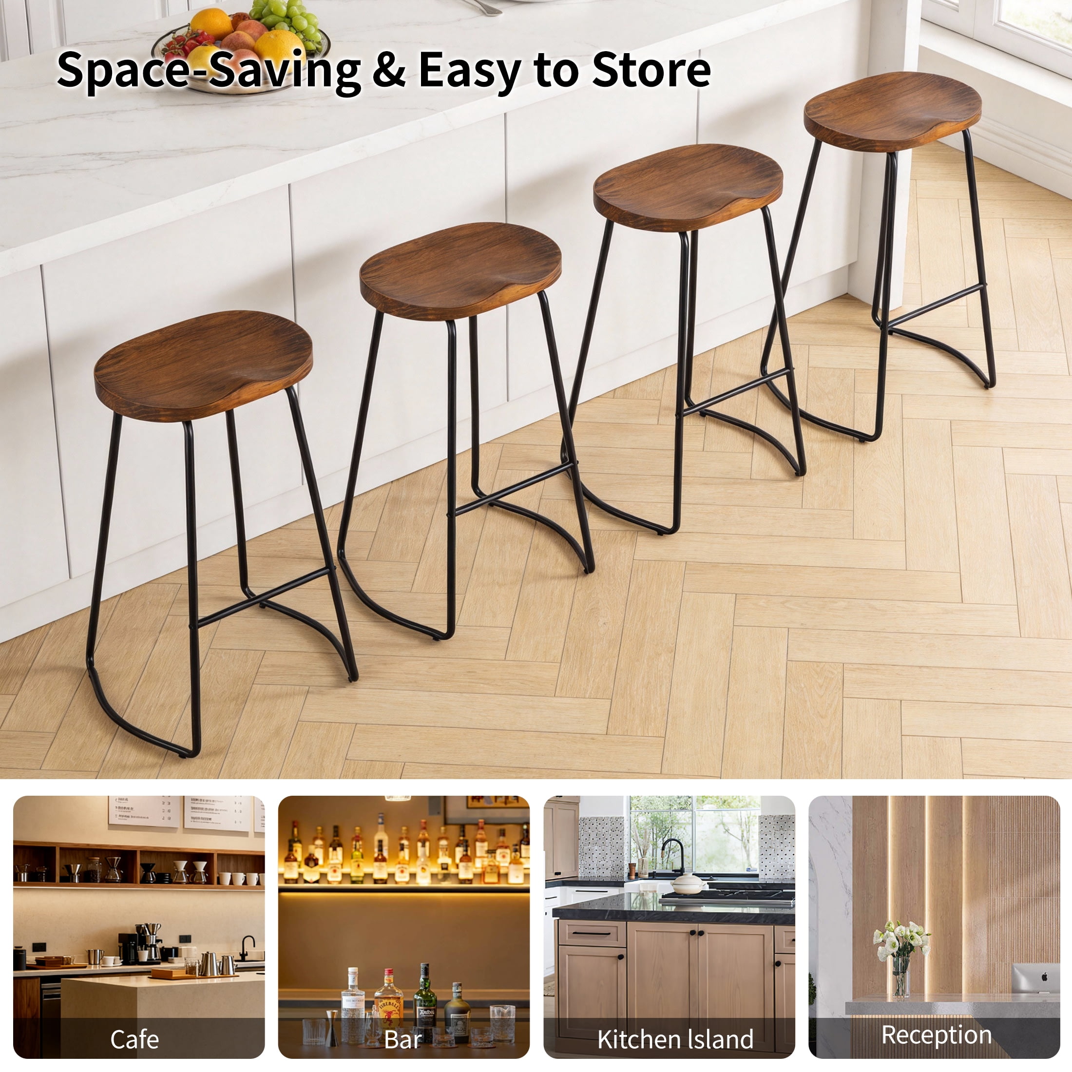 FIRAVOE Bar Stools Set of 3 (Solid Wood Saddle Seat) 26 Inch Counter Height Barstools Backless Counter Stools for Kitchen Island
