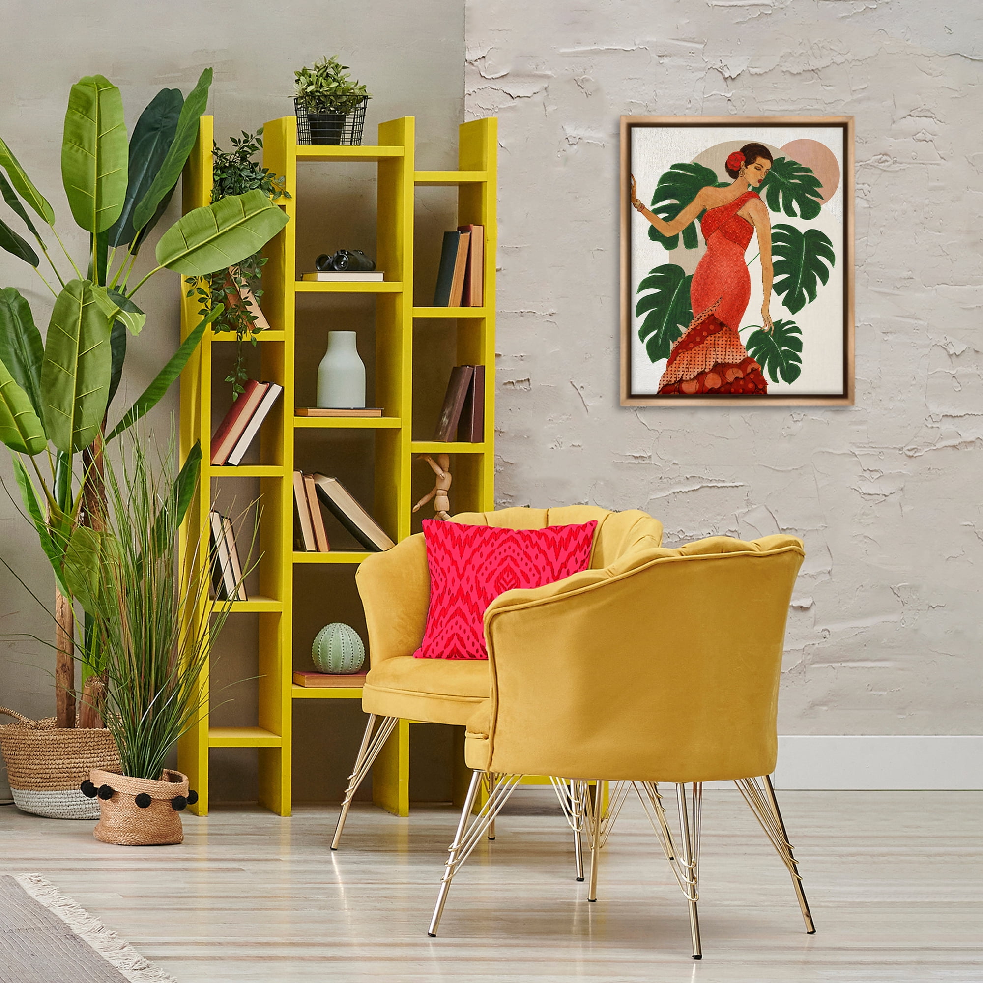 Stupell Industries Fashionable Woman with Leaves People Painting Brown Floater Framed Canvas Art Print Wall Art, 17 x 21