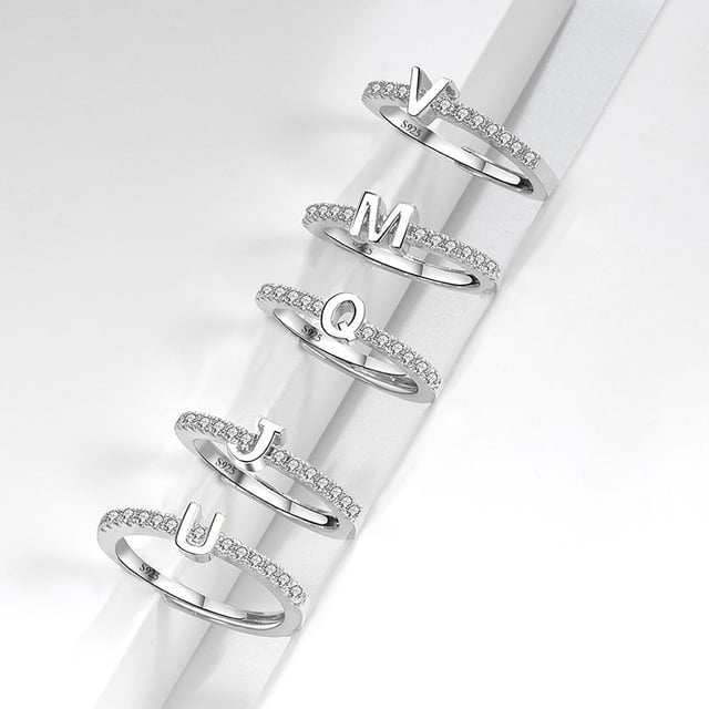 Anillo de plata de ley S925 con microincrustaciones de letras europeas y americanas, anillo de circonita con 26 letras en inglés, apertura ajustable