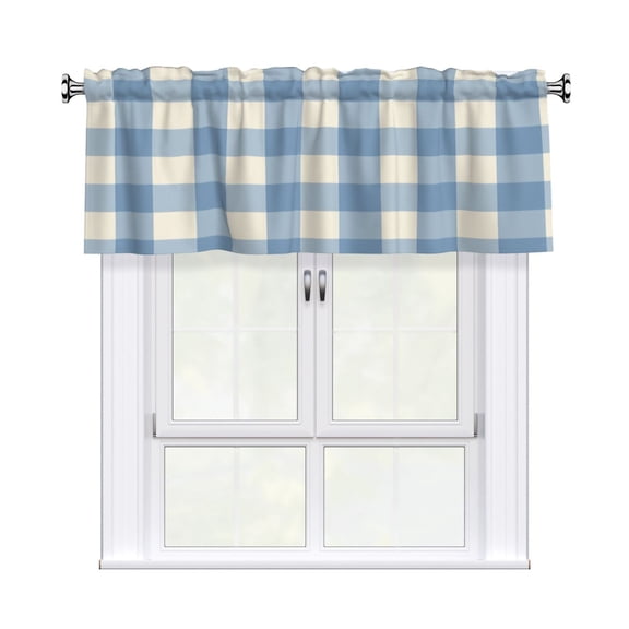 Blue Gingham Plaid Window Valance 54x18 in, Rod Pocket Polyester Curtain Valance, Kitchen Valance, Short Window Curtain, Printed Window Treatment for Kitchen Living Room