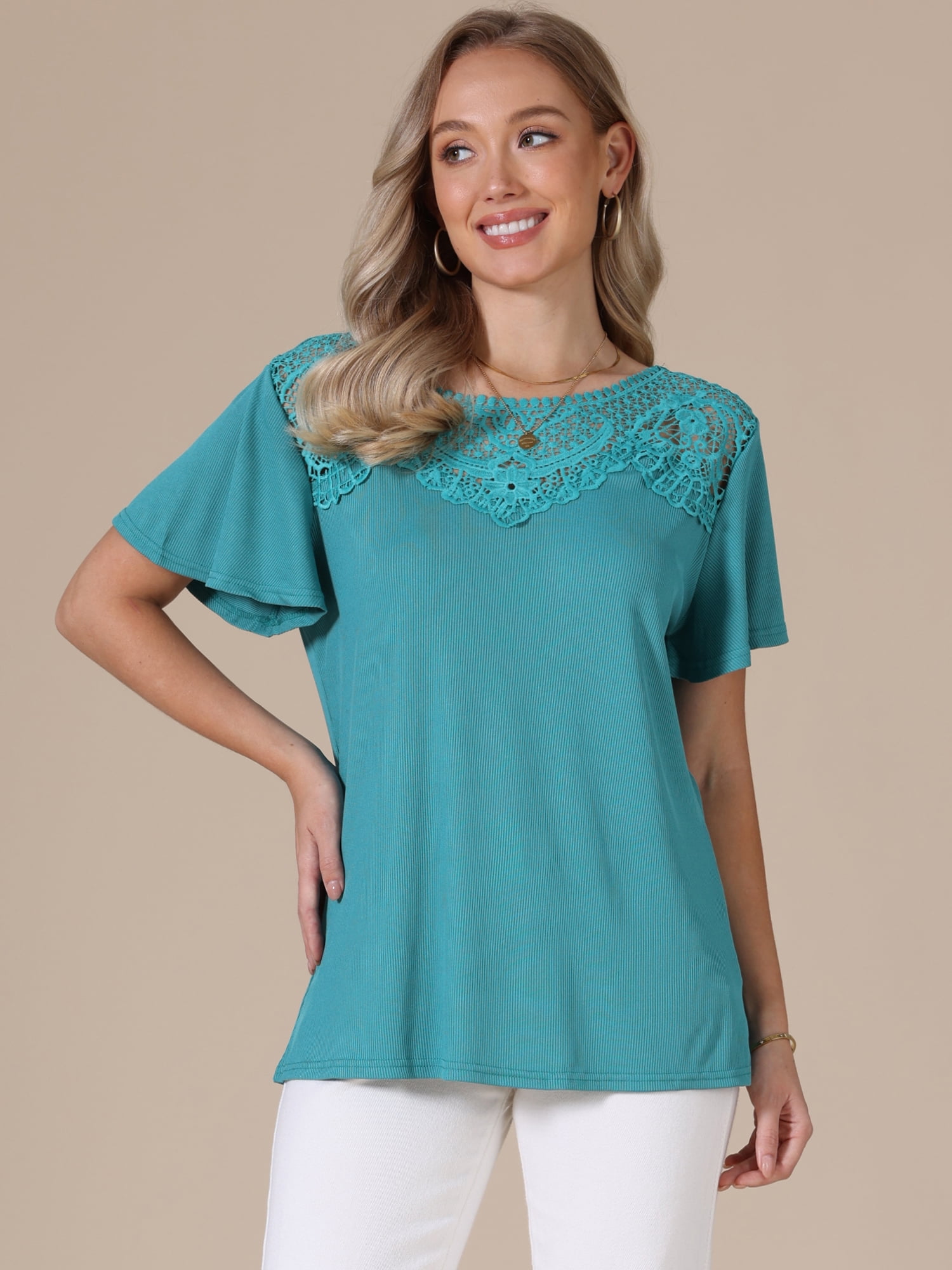 DARING DIVA Women's Short Sleeve Shirts V Neck Dressy Casual Tunic Tops M Turquoise