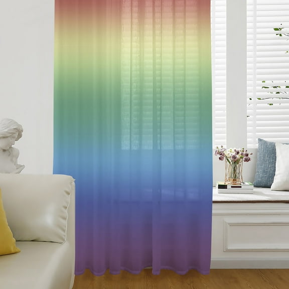 Rainbow Colors Ombre Cream Semi Sheer Curtains Drapes for Living Room,Bedroom,French Doors Window 84 Inches Long,Modern Abstract Art Aesthetics Rod Pocket Chiffon Curtain Drapery Voile Drape Panel