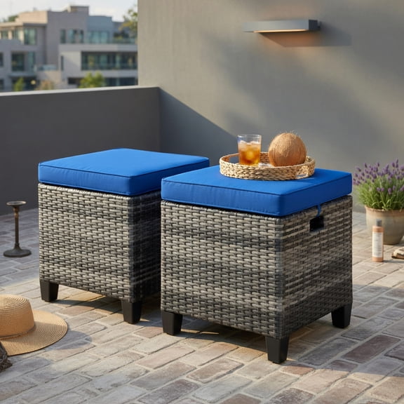 Topcobe 2 Pieces Patio Rattan Ottoman Seat with Removable Cushions, Outdoor Patio Furniture-Navy