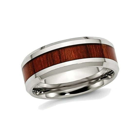 Gem & Harmony Mens Stainless Steel 8mm Polished Red Wood Inlay Wedding Band Ring for Men