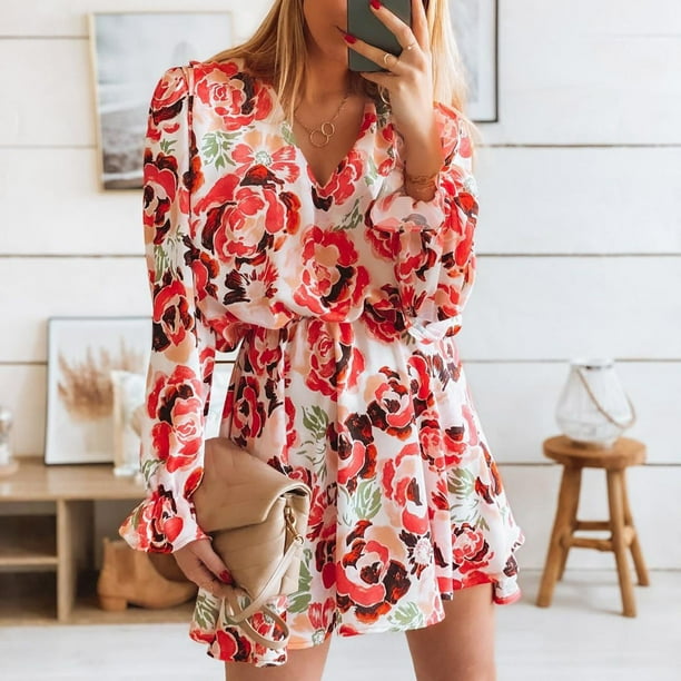 Impresion de Mujer Dibujo Suelto Vestido de Manga Larga Vestido Corto Casual Odeerbi ODB113044 Walmart en linea