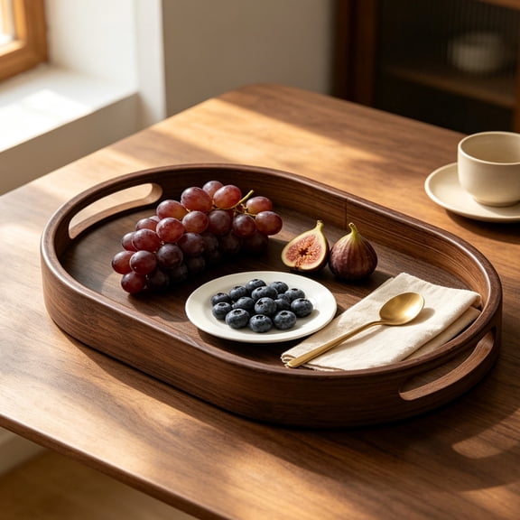 Oval Wood Serving Tray with Cut-Out Handles | Oimcto Walnut-Tone Wooden Decorative Tray for Coffee Table, Tea & Home Decor