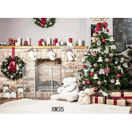 Image of MOHome 7x5ft Photography Backdrop Christmas Theme Fancy Fireplace Bear Christmas Tree Gifts Xmas Decor Sock Candle Newborn Baby Toddler Portraits Background Photo Studio Prop