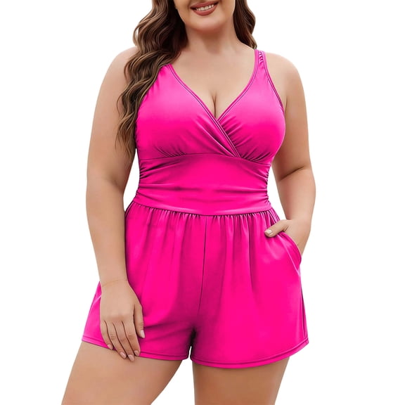 Atogsazn Womens Plus Size Romper Swimsuit V Neck Wide Leg Jumpsuit Summer Outfits Bathing Suit Swimwear Hot Pink XXXL Fashion