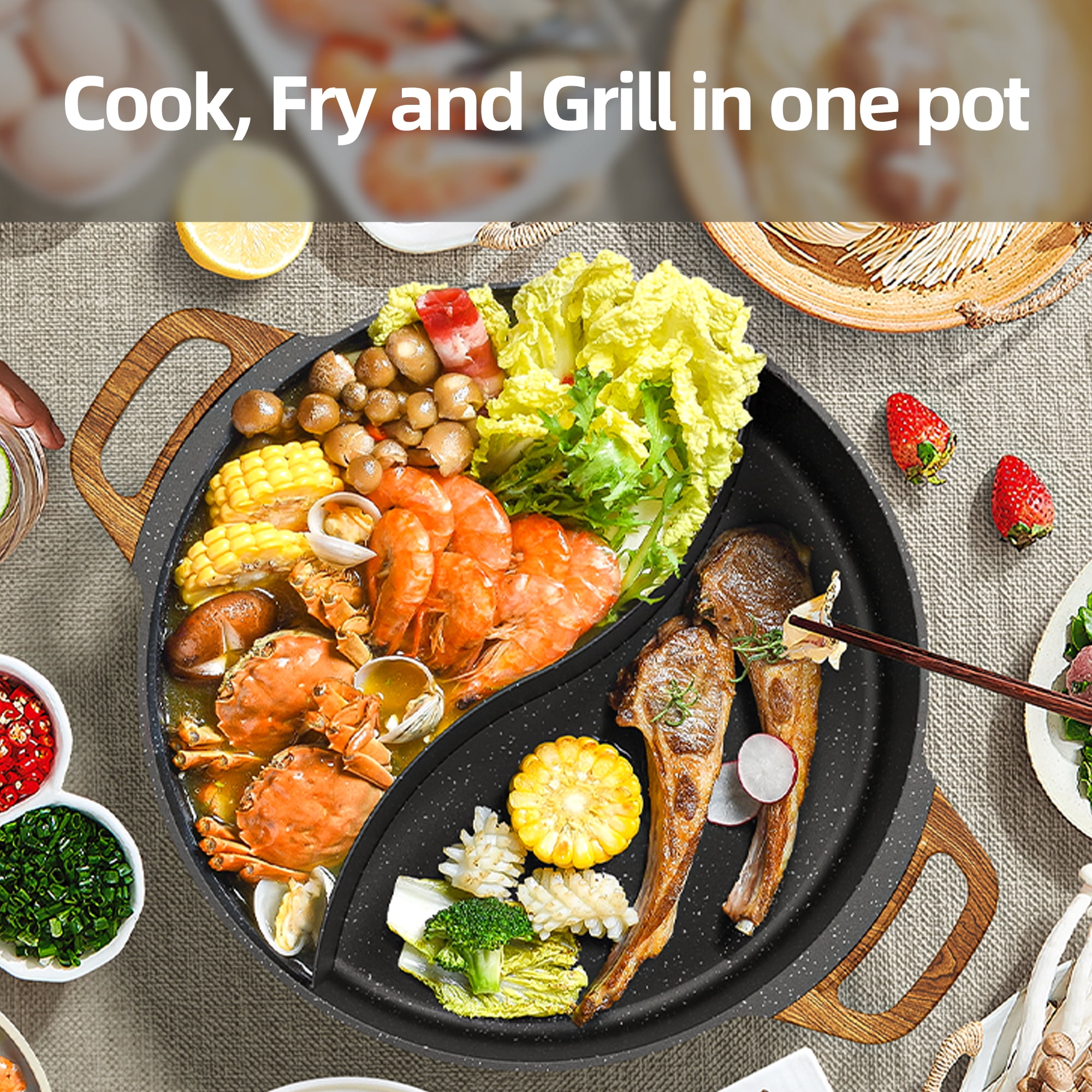 AORAN Electric Hot Pot with Divider, 6L Large Capacity Double-Flavor Non-stick Pot, Smokeless Cooking Pot with Temperature Control, Suitable for 2-8 People