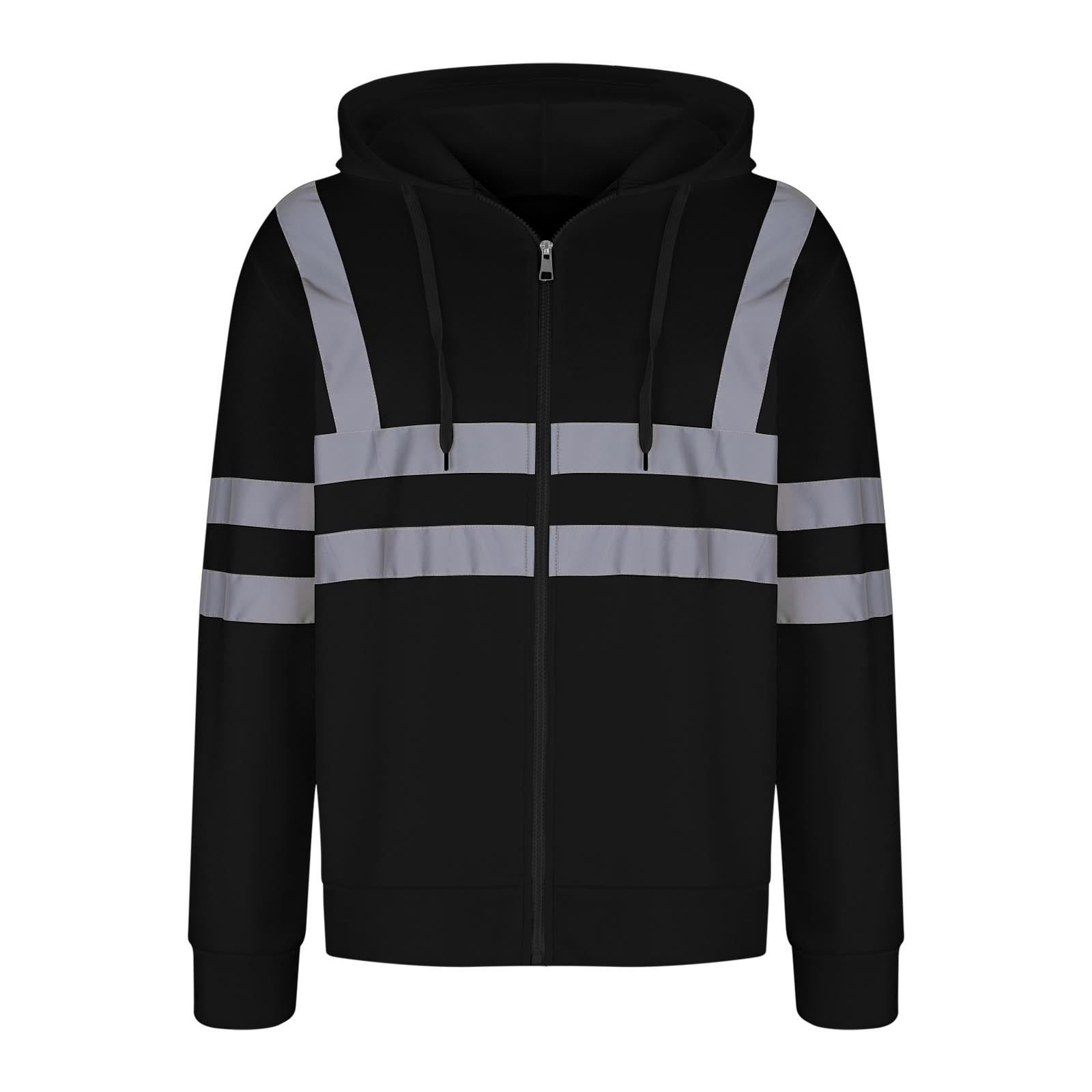 Feancey Christmas Gifts Safety Zip Up Hoodies for Men Reflective Zipper Hooded Sweatshirt Big and Tall Outdoor Hi-Vis Work Jackets with Hood Black M