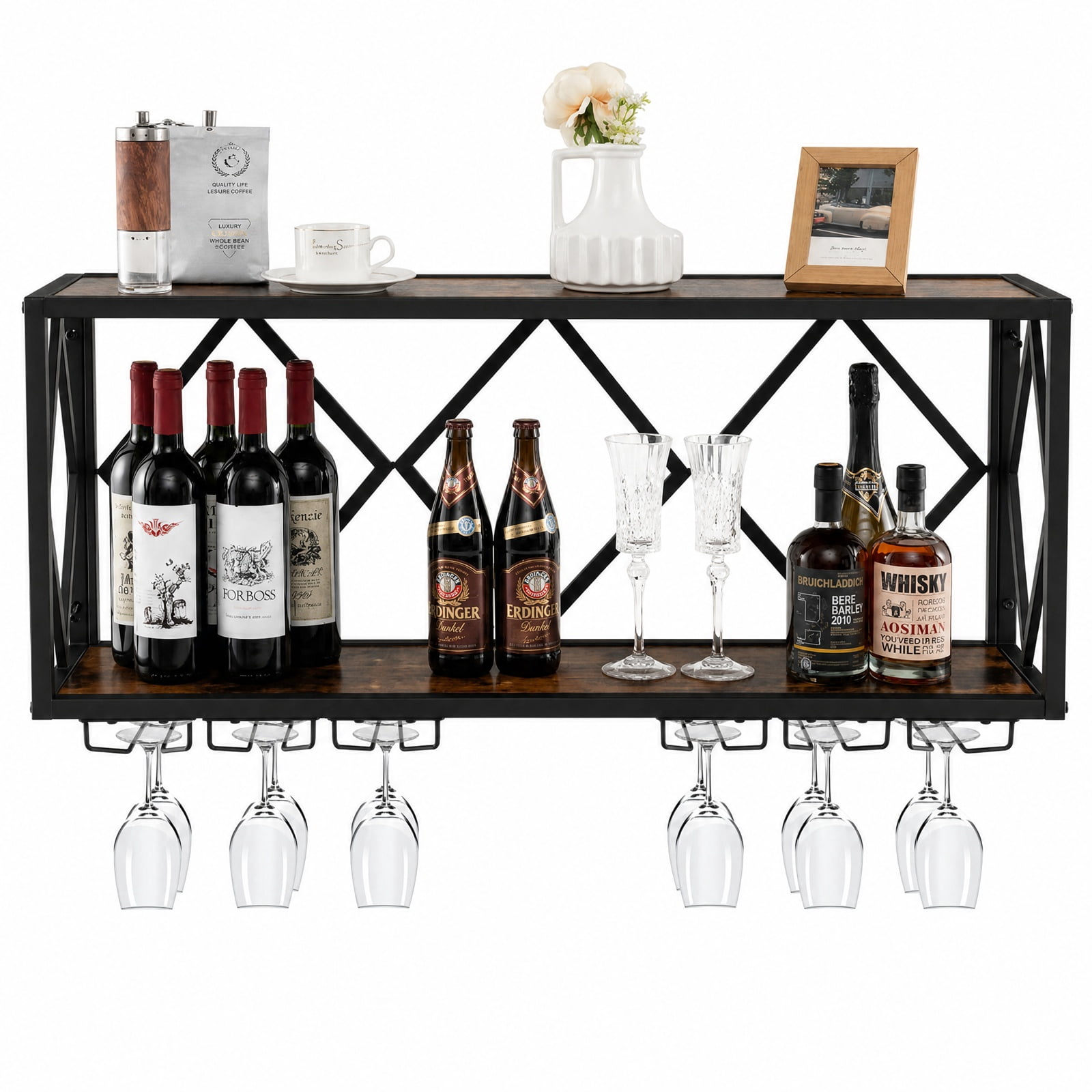 RUIE Wall Mounted Wine Rack for 39 Bottles and 12 Glasses, Metal Wood Hanging Wine Bottle Holder with Stemware Rack for Kitchen - Rustic Brown Black