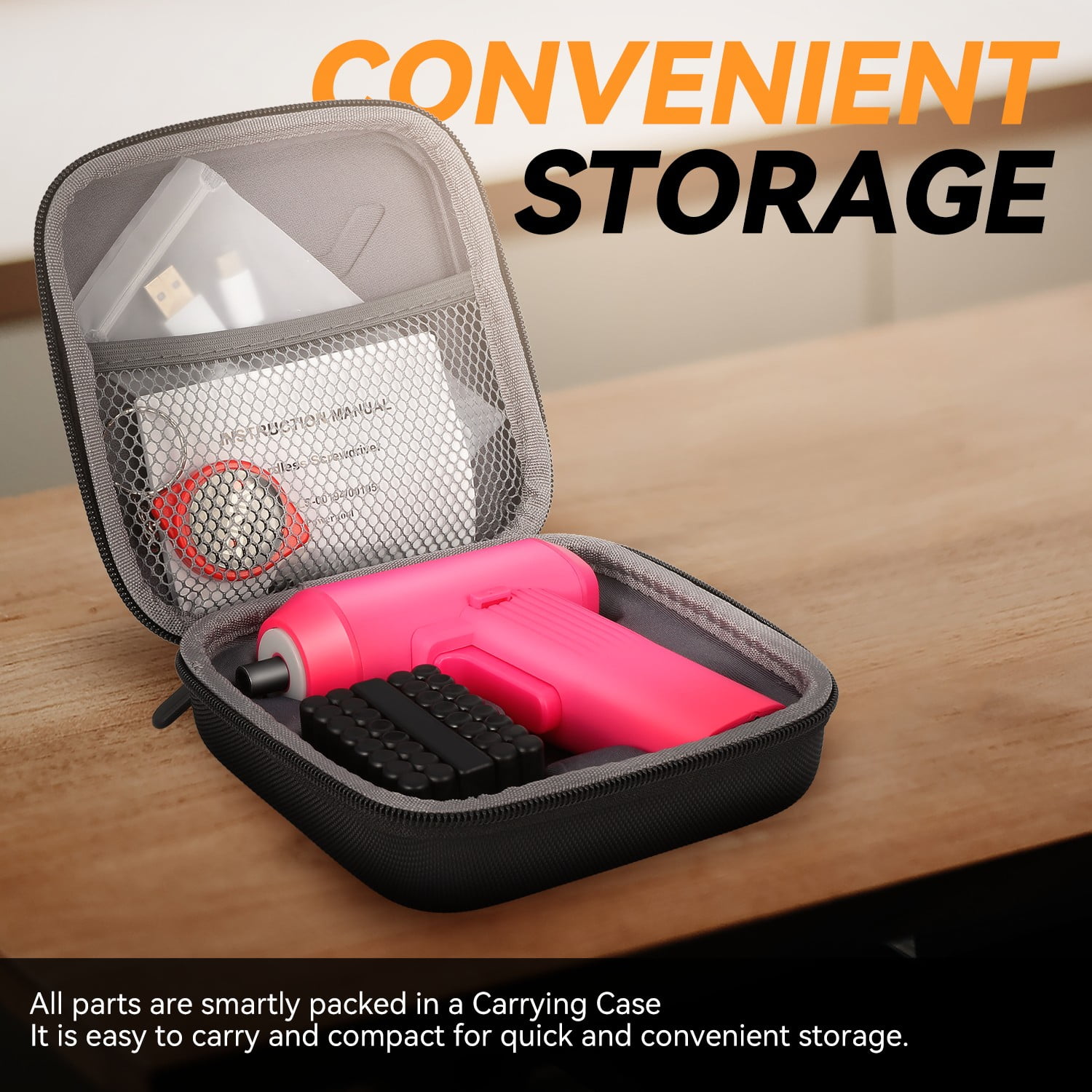 LED Driver Bits Electric Cordless Screwdriver Tool Kits with 32Pcs Driver Bits & Carrying Case Pink