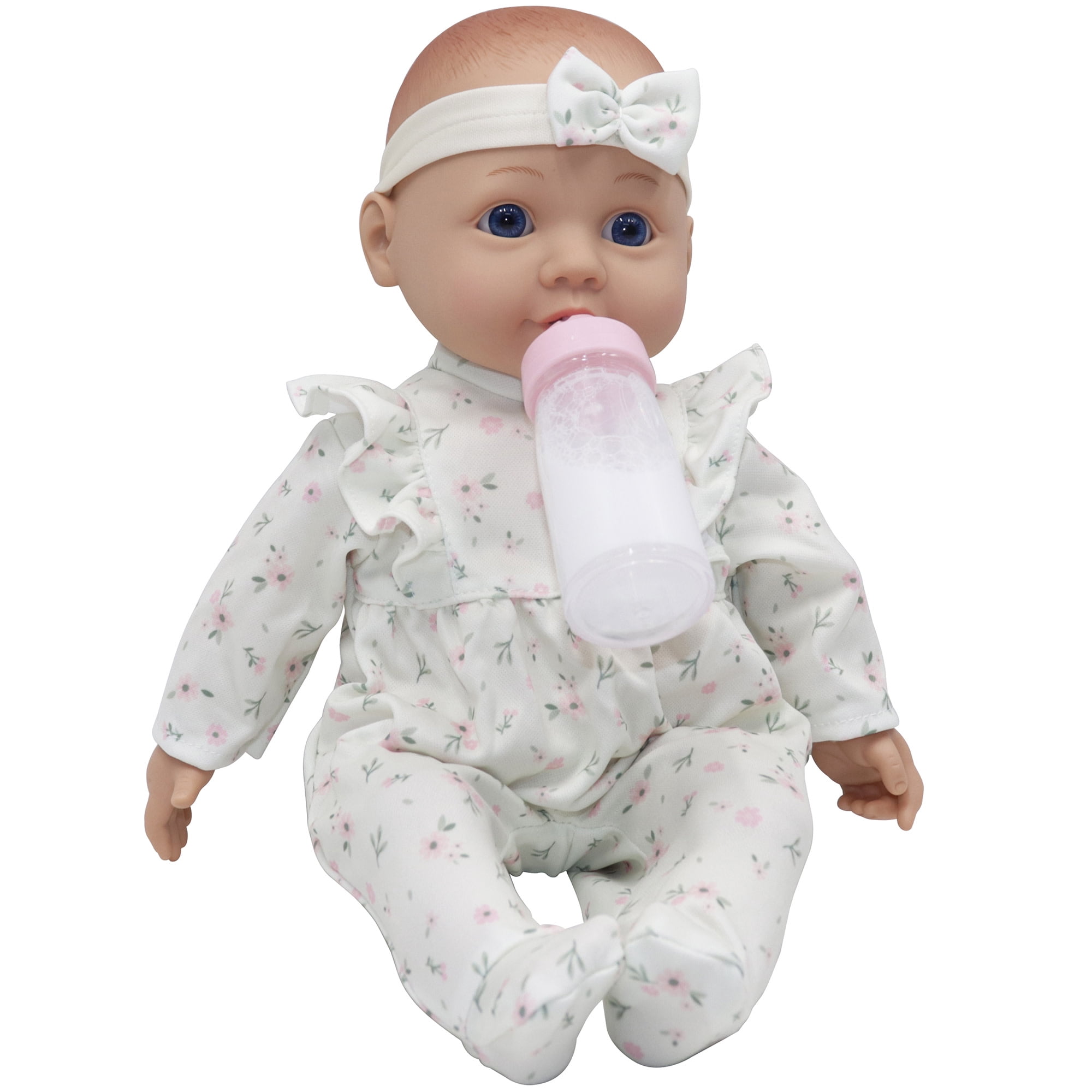 Baby Dreami: 16" Baby Doll Bassinet Playset - White & Pink Floral Onesie, Plush Animal Rabbit Blanket, Carry Bed, Feeding Bottle Toy, Kids-Toddlers 2+