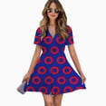 thumbnail image 2 of Red Circles On Blue Women Dress V-Neck Short Sleeve Flowy Swing Party Midi Dress, 2 of 4