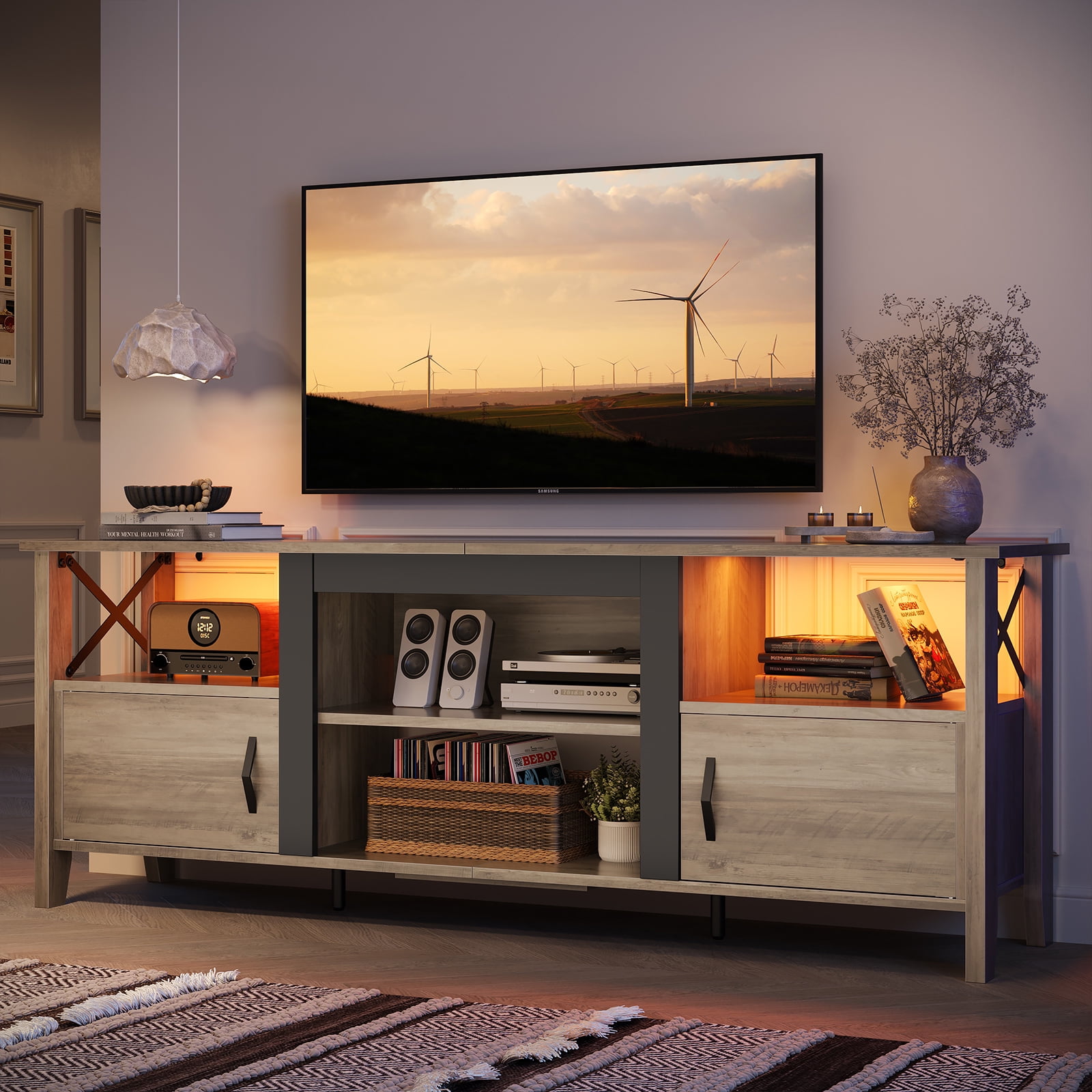 Bestier Farmhouse LED TV Stand for TVs up to 70" Entertainment Center with Storage Shelves in Wash Gray