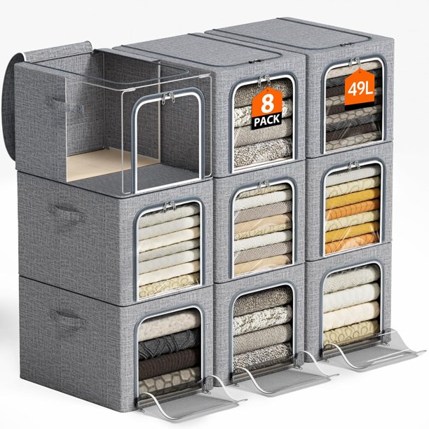 8 Piezas Bolsas de Almacenamiento, 49 L Contenedores de Almacenamiento de Ropa con Marco de Metal, Caja de Almacenamiento Apilable, Tapas, para Clóset Organizador de Tela