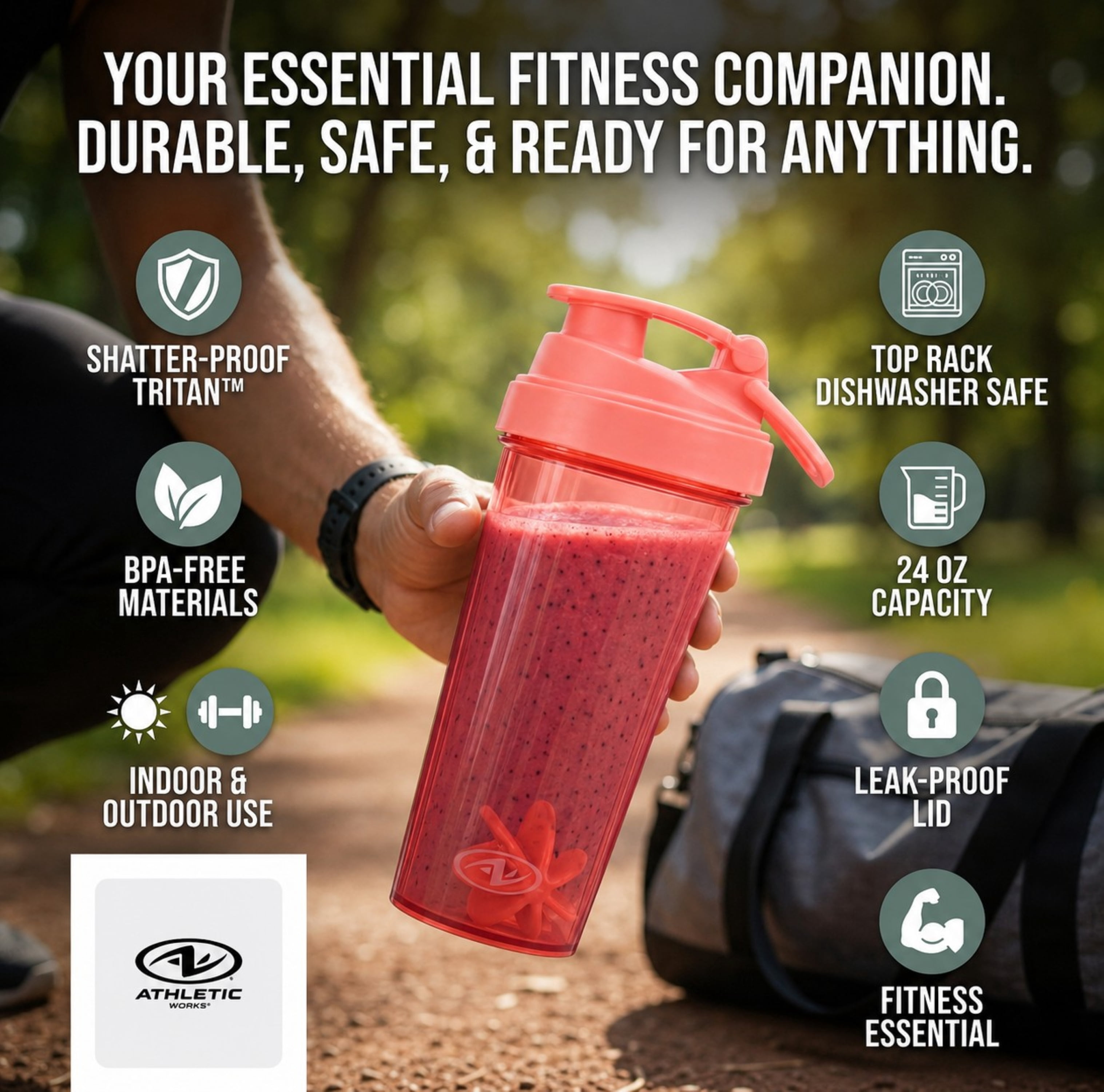 Athletic Works Shaker Bottle, Coral 24oz