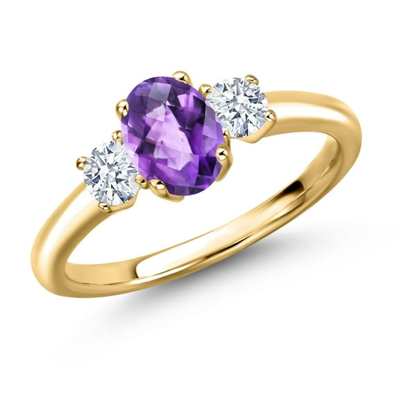 Gem Stone King 18K Yellow Gold Plated Silver Purple Amethyst and White Zirconia Engagement Ring for Women | 1.40 Cttw | Oval Checkerboard 7X5MM | Gemstone February Birthstone | Size 8
