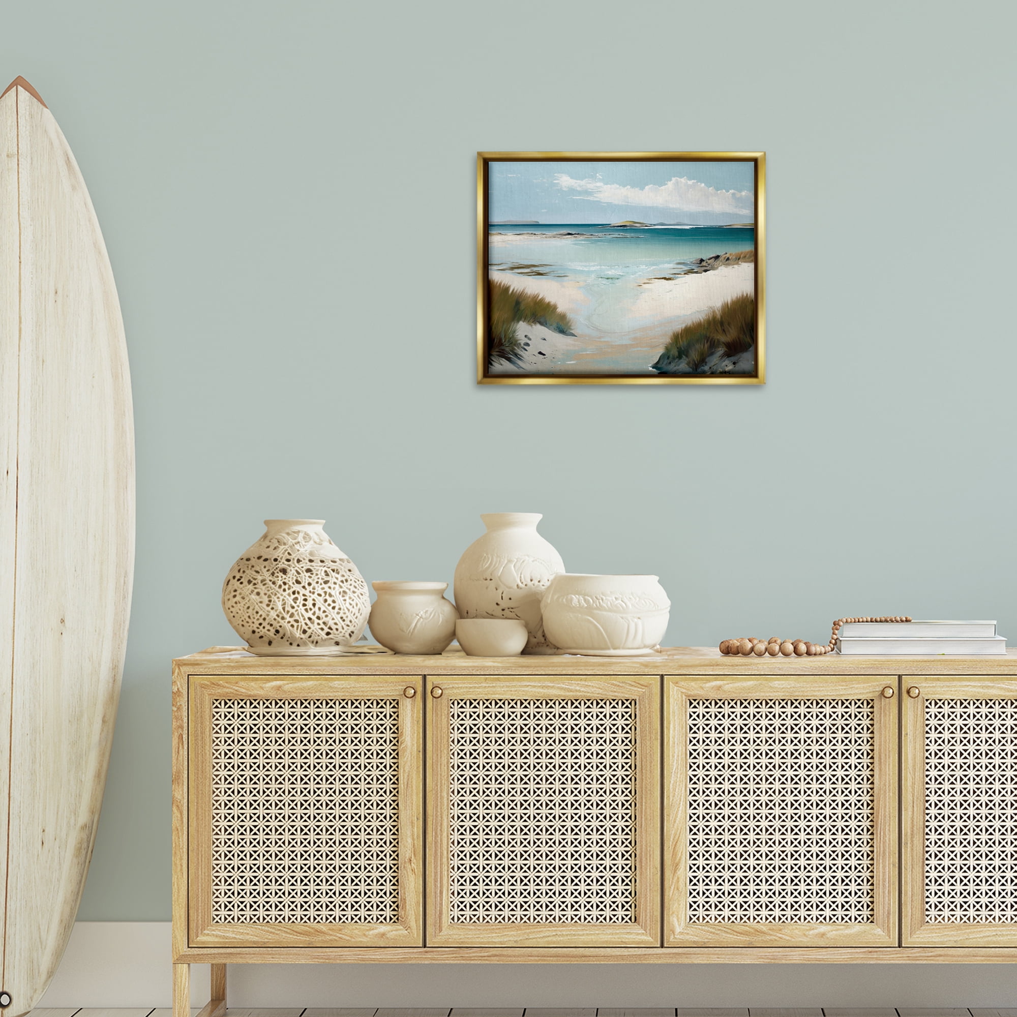 Stupell Industries River Tide Seascape Nautical & Beach Painting Gold Floater Framed Canvas Art Print Wall Art, 21 x 17