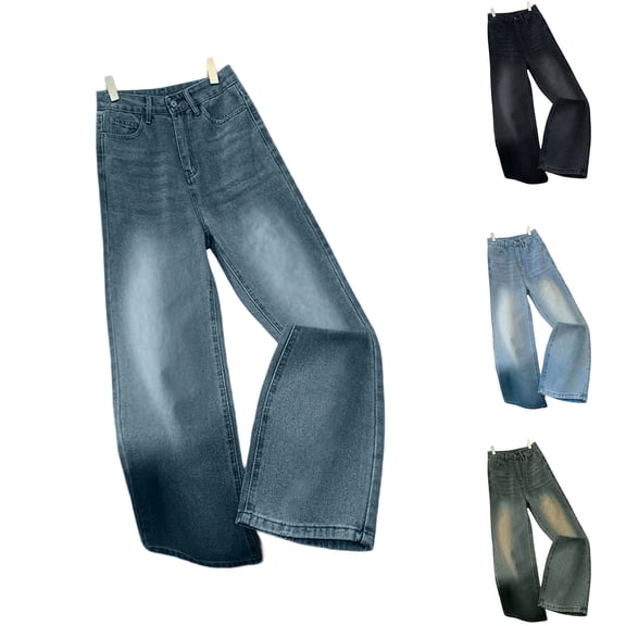 Women's Casual High Waisted Jeans Stretch Button Wide Leg Loose Denim Pants with Pockets Light Blue