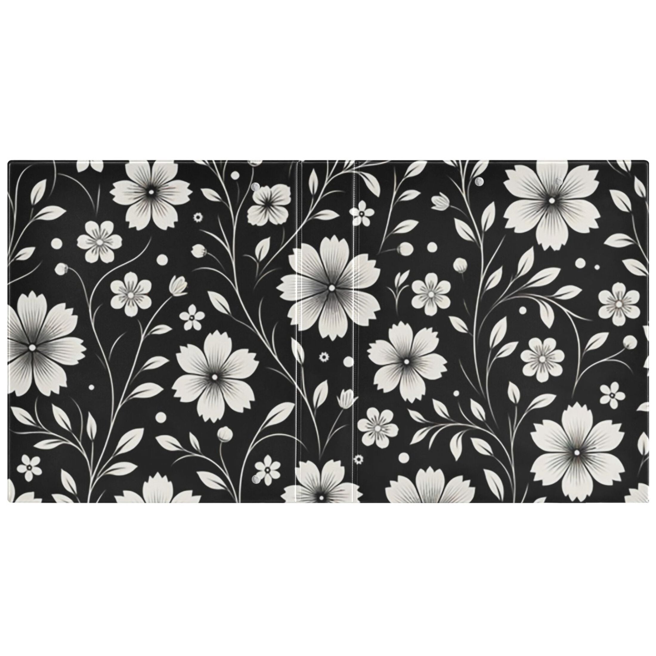 Retro White and Black Flowers 3 Ring Binders 1.5 inch Hardcover File Folders with Interior Pockets A4 Size Organizer for School Office Hospital