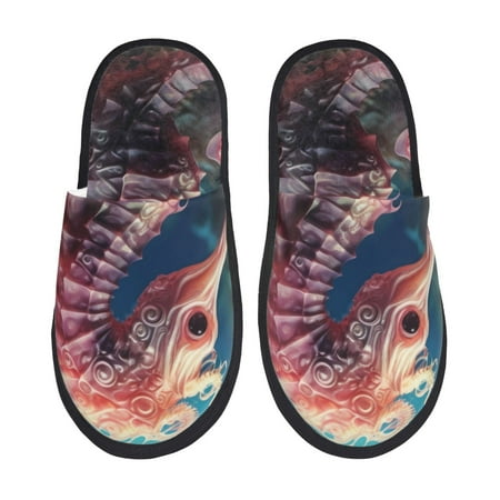 Balery Ocean Seahorse Slient Indoor Furry Fleece Comfort House Shoes Soft Non-Slip Home Shoes Cotton slippers House Slippers-- Large