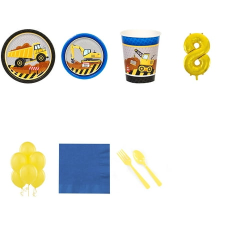 Construction Party Supplies Party Pack For 32 With Gold #8 Balloon