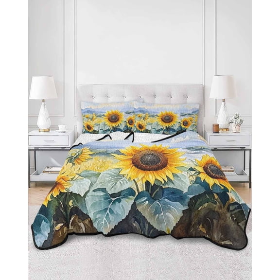 Quilts Full Size, Sunflower Summer Soft Comforter Bedding Set for Bed, Vintage Farmhouse Field Floral Lightweight Quilted Bedspread with Pillow Cover(2 Pieces) for All Season, 78x90 Inch