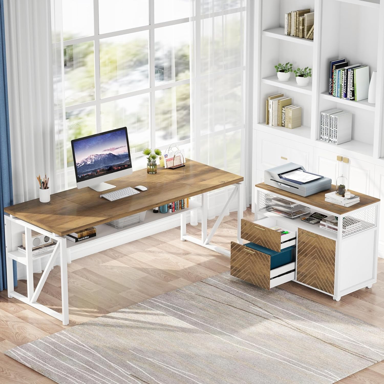 Tribesigns 63" L Shaped Executive Desk with Lateral File Cabinet, Doors with Locks, Desk with Shelf (Brown and White)