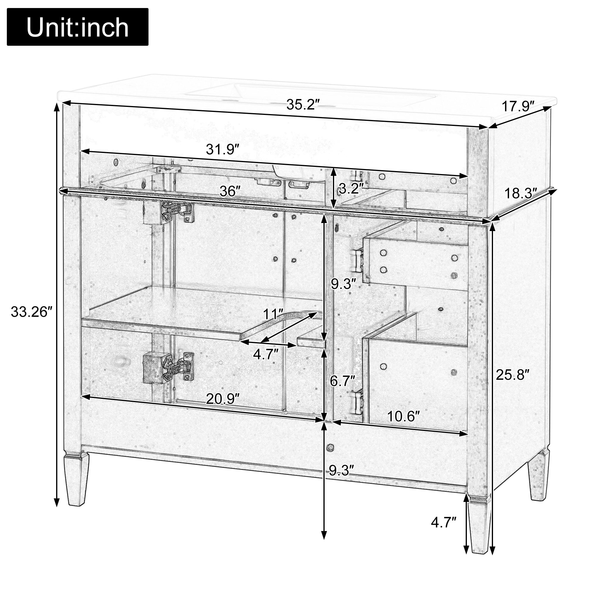 Alvantor 36" Bathroom Vanity with Sink, Freestanding Storage Cabinet with Flip Drawers Black