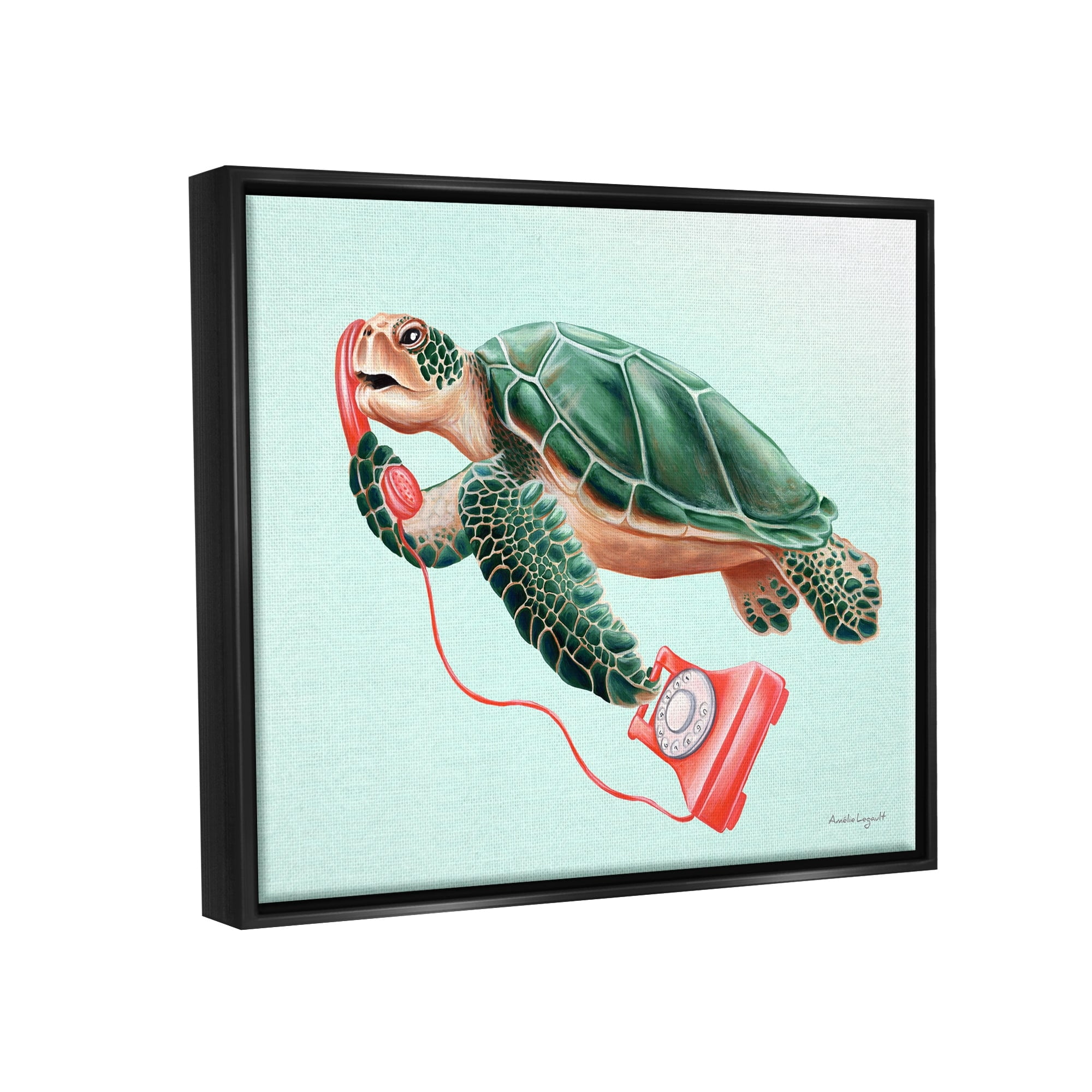 Stupell Industries Green Sea Turtle Swimming Red Rotary Telephone Graphic Art Jet Black Floating Framed Canvas Print Wall Art, Design by Amelie Legault