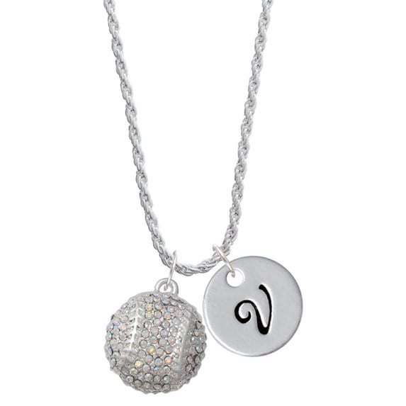 Delight Jewelry Silvertone Large Super Sparkle Crystal Clear AB Softball Silvertone Script Initial Disc - V - Charm Necklace, 20"+3"