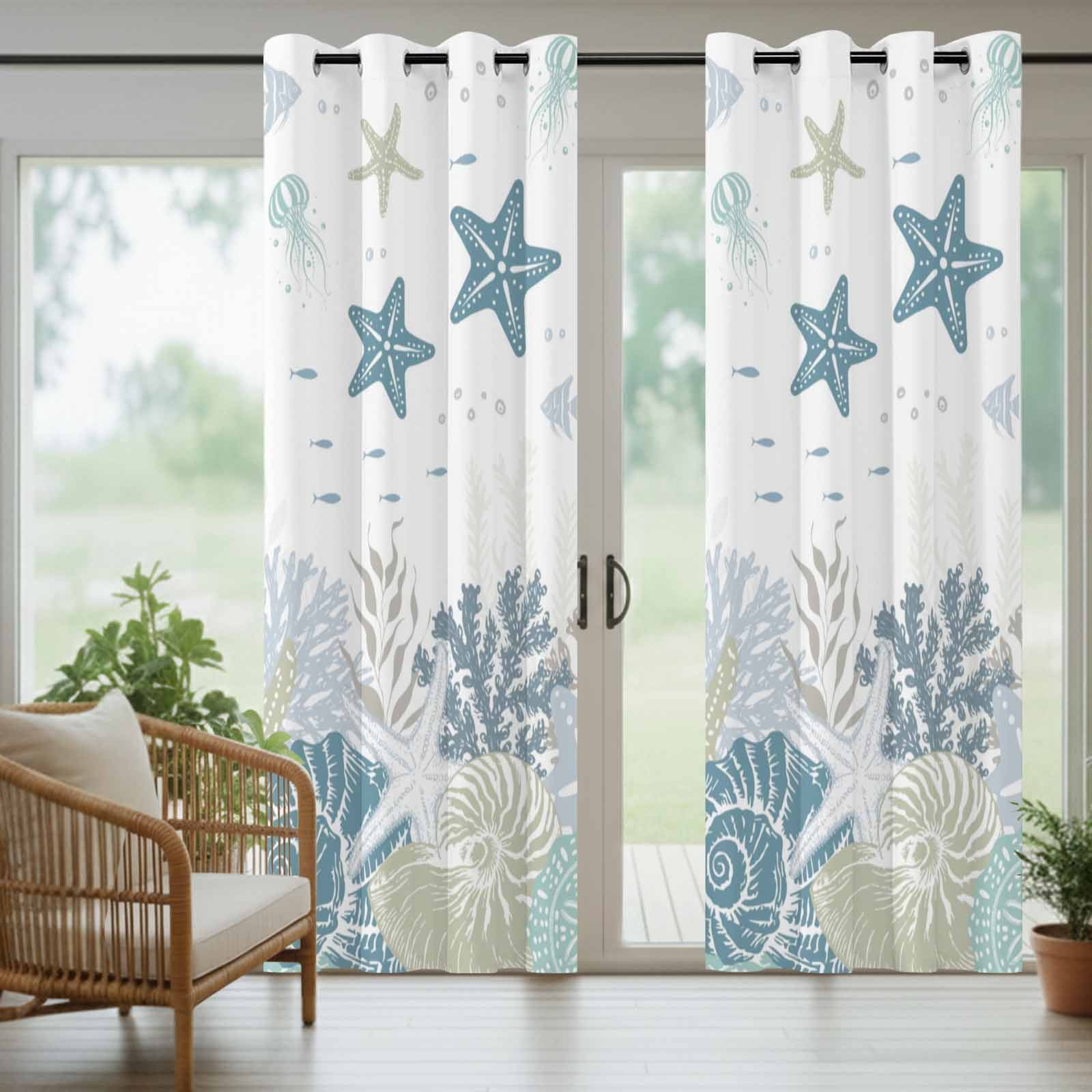 Summer Marine Life Outdoor Curtains for Patio, Watercolor Sea Fish Ocean Starfish Conch Sunshade Privacy Drapes Grommet Waterproof Outside Curtains for Porch/Cabana/Balcony 54"x 108", 1 Panel