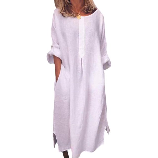 CHOK Robe d'Été en Coton et Lin pour Femmes Col Rond Coupe Ample Robe Chemise Unie Grande Taille Lin Décontracté Long Cover Ups