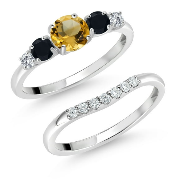Gem Stone King 10K White Gold Yellow Citrine Black Onyx and White Lab Grown Diamond 5 Stone Bridal Engagement Wedding Ring Set for Women (1.03 Cttw, Round: 5MM and 3MM, Size 9)