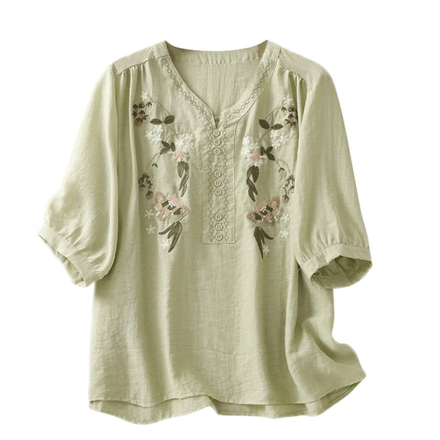 Vestidos Casuales Para Mujer, Blusas De Mujer De Moda Blusa de lino sintético con bordados para mujer, manga corta, cuello en V y botones