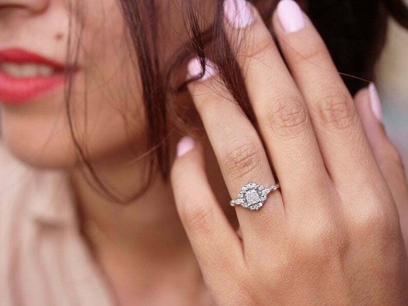 HeartsAndYou 1.5ct Princess Cut Moissanite Engagement Ring for Women Halo Cluster 18k White Gold Over Silver