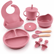 Silicone Baby Feeding Set,9 Pcs Baby Led Weaning Utensils,Baby Suction Bowl,Plates,Bib,Spoons Set,Sippy Cup with Straw,Baby Self Feeding Supplies Set