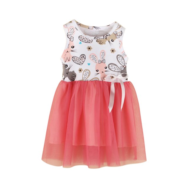 goowrom Kids Cartoon Rabbit Print Round Collar Sleeveless Dress